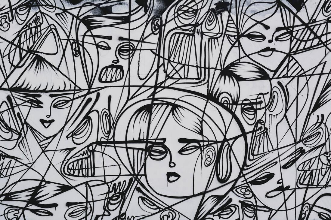 Abstract black and white line drawing of faces |  Creativity Counseling for Stress, Therapy for Creatives in Maryland and Virginia at Creatively, LLC