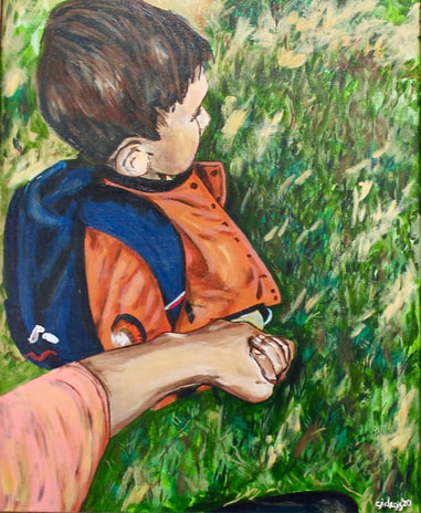 painting by Cindy Cisneros, of adult holding child's hand, walking outdoors, from adult's POV | Counseling for Creative People to Build Coping Skills, Online Creativity Counseling in Maryland and Virginia with Cindy Cisneros, Creativity Counselor