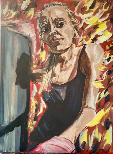 Original acrylic painting by Cindy Cisneros, self portrait standing in flames with punching bag and hand wraps with serious expression |  Counseling for Creative People in Maryland and Virginia, Online Counseling for Creative People with Cindy Cisneros, Creativity Counselor