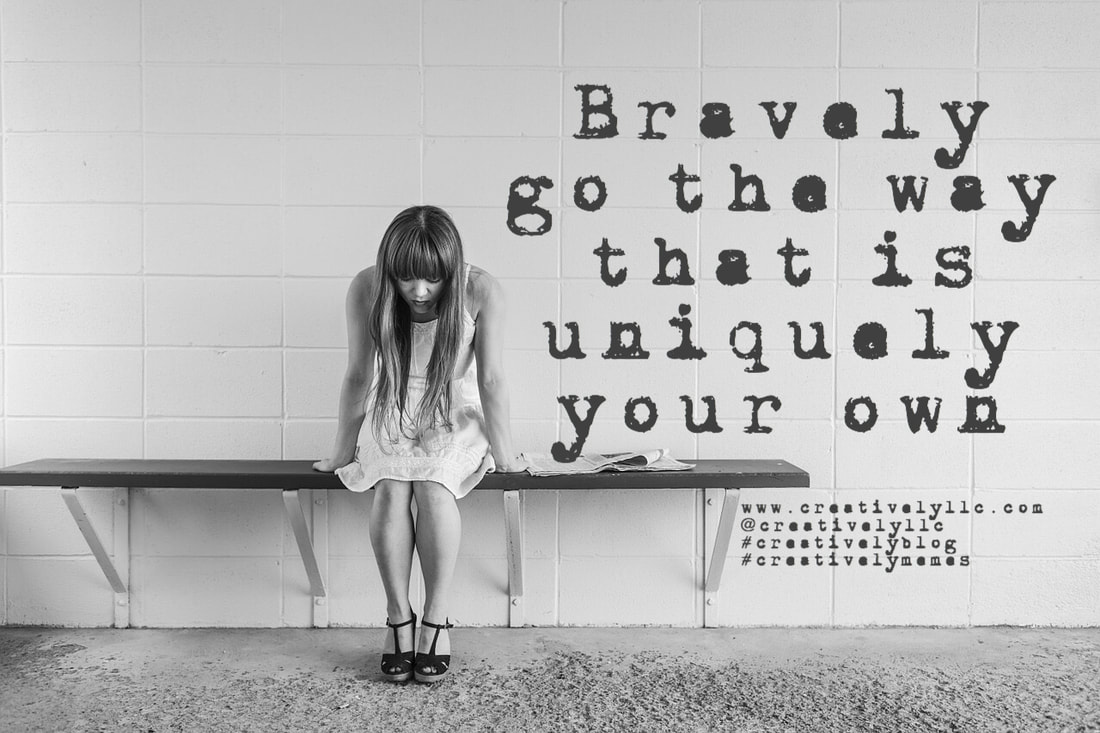 girl in white dress sitting on bench on whitewashed cinderblock wall with caption, 