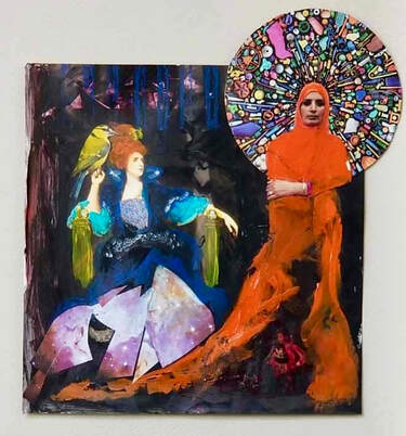 Original mixed media art by Racquel Keller, mixed media image of two women, one seated, one standing, one in gown, one in red head scarf | Artist Interviews with Creativity Coach Cindy Cisneros with local Maryland Artist, Racquel Keller
