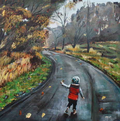 original painting by Cindy Cisneros, child holding helicopter on foggy park trail |  Creative Practice for Creative People and the relationship of Mental Health and Creativity understood in Creativity Counseling and Creativity Coaching WITH CINDY Cisneros, Creativity Coach and Creativity Counselor