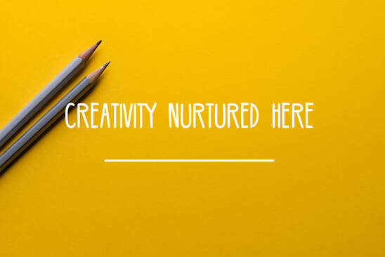 Creativity Nurtured Here, yellow background with pencils