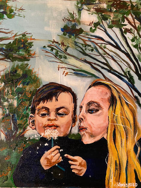 Painting by Cindy Cisneros of Mother and Child blowing Dandelion |  Creativity Counseling and Creativity Coaching to Reach your Dreams in Maryland and Virginia and beyond, Online Coaching for Artists