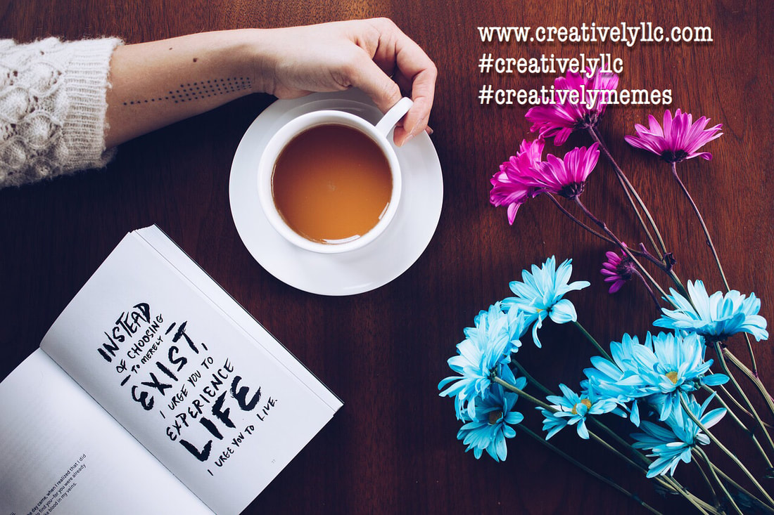 Flowers, book, tea, and arm with bars tattoo on brown table |  Creative Personalities are intuitive and anxious, manage your Creative Personality with Creativity Coaching and Creativity Counseling at Creatively, LLC