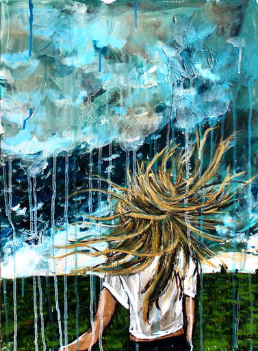 Original painting by Cindy Cisneros of blonde in a windy rainstorm | Creativity and Mental Health for Creative People understood in Creativity Counseling and Creativity Coaching at Creatively, LLC