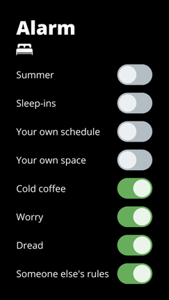 Picture of a phone Alarm list reading 