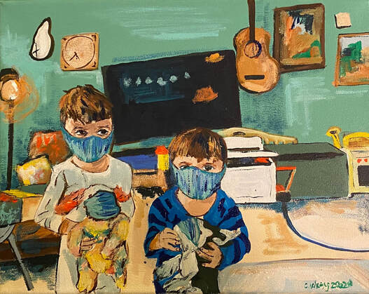 Original Painting by Cindy Cisneros, two young boys and stuffed animals wearing facemarks in playroom |  Therapy for Creatives in Maryland, 3 Steps for Creative People to Manage a Crisis, Counseling for Creatives