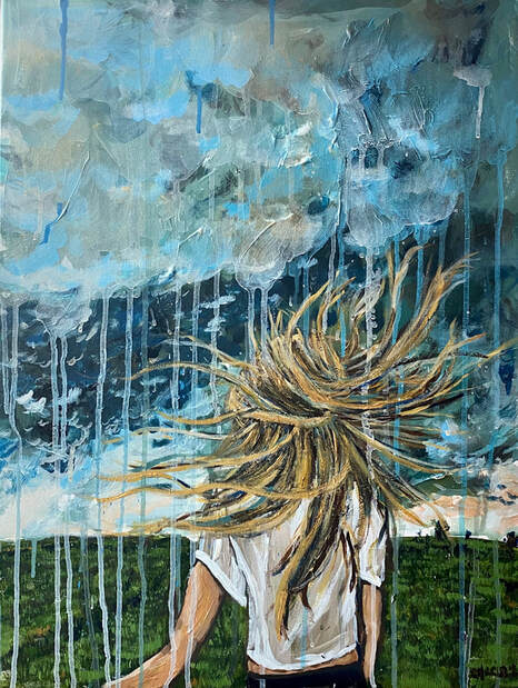 Original acrylic painting by Cindy Cisneros, standing behind a blonde woman with hair swept up in windstorm |  Coaching for Creative People, Online Coaching for Creatives in Maryland, Virginia, Georgia, Maine, New York, Utah, California and throughout the USA and Canada